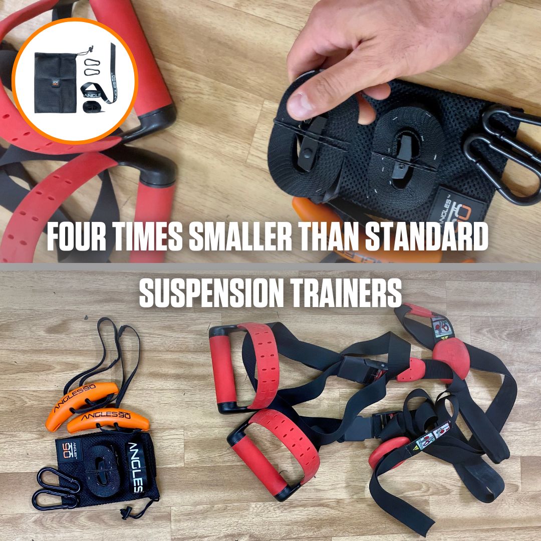 Compact and portable A90 Sling Trainer, featuring carabiners for secure attachment, displayed on a wooden floor, emphasizing its space-saving design compared to traditional models.