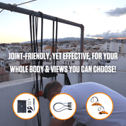 A fitness enthusiast performs an outdoor workout with the A90 Athlete Set against a picturesque urban sunset backdrop, highlighting the versatility of exercising anywhere, akin to a home gym, with portable equipment.